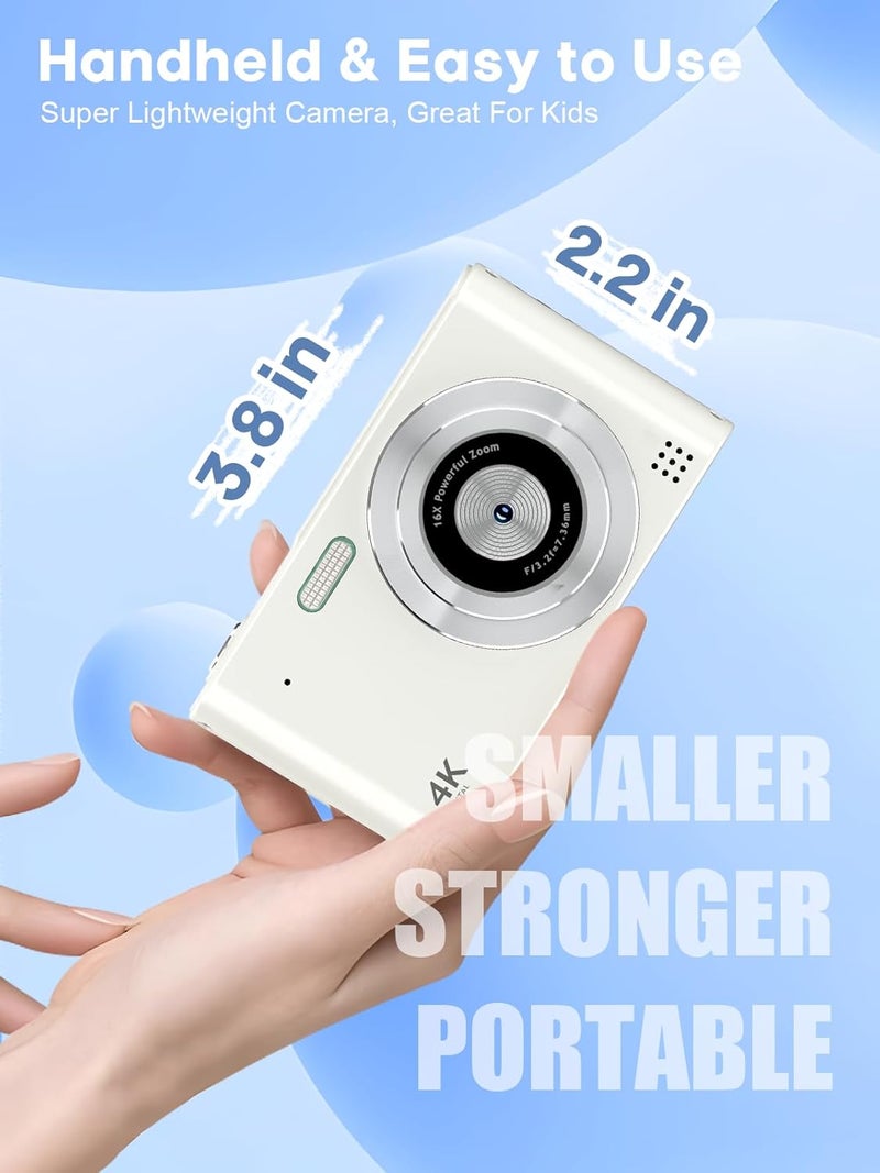 BEARBISU Digital Camera, 44MP Full HD 1080P Point and Shoot Camera with 64GB Card, Anti Shake 16X Zoom Compact Volg Cameras, Portable Small Camara Gift for Kids, Ages Teen Girl Boy - White - Image 3